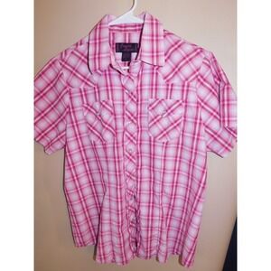 Cowgirl Legend Western Shirt Womens Medium XL Pink Plaid Short Sleeve Pearl Snap